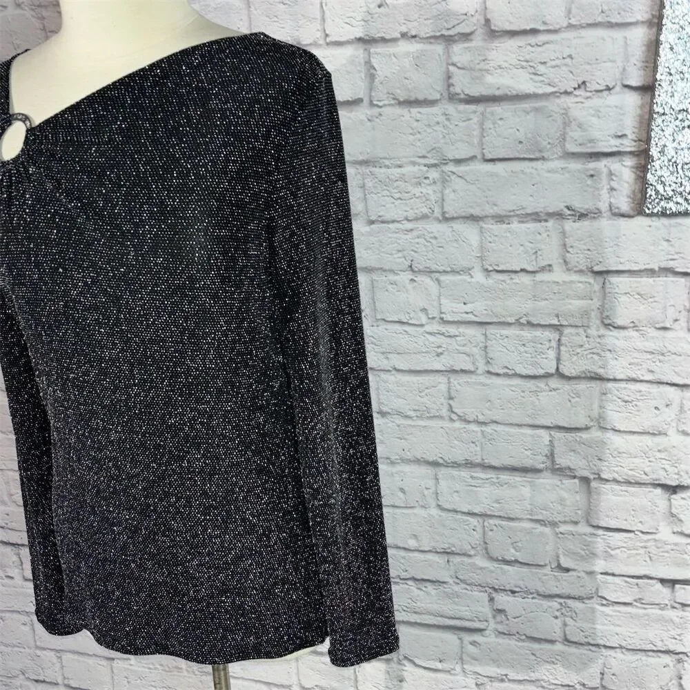 Michael Kors Black Silver Shimmer Metallic Logo O Ring Asymmetric Neckline Top
